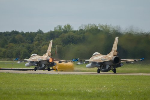 Nörvenich Germany Aug. 20 2020: Israeli Air Force F-16 Barak taking off from Nörvenich Air Base.