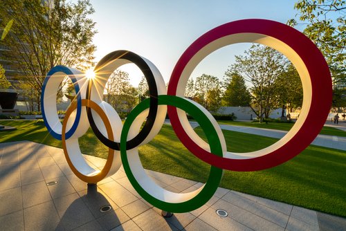 TOKYO, JAPAN - November 1,2019 : The five ring symbol of the Olympic Games at tokyo museum with sun light and flare. Japan will host the Tokyo 2020 summer olympics and Paralympic.