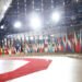 Brussels, Belgium. 14th March 2019. Flags of participants at an international conference on the future of Syria and the region.