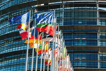 All EU members flags in front of the European Parliament in Strasbourg, France