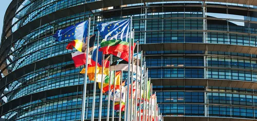 All EU members flags in front of the European Parliament in Strasbourg, France