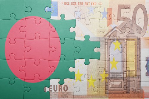 puzzle with the national flag of bangladesh and euro banknote . concept