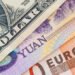 U.S. one dollar bill, five yuan and fifty euro