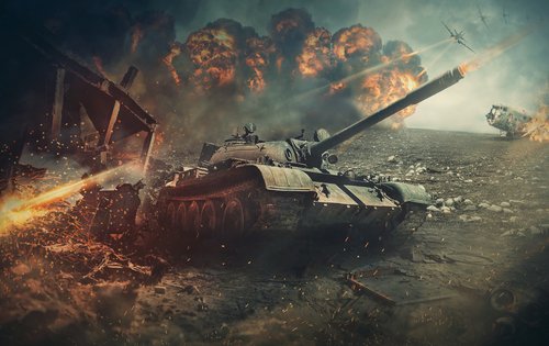 Battlefield actions, different military warships gunfire. Fighter jets attacks a tank as a defense mission. Explosion and destructions caused by war. Army battle, artillery weapons force conflict.