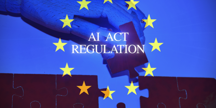 AI regulation symbol. Concept words AI artificial intelligence act regulation , robot hand on beautiful puzzle jigsaw. Business AI artificial intelligence regulation concept with the European flag .