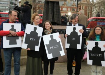 Campaigners from the New Europeans gather in a demonstration at Parliament Square, as the UK prepares to leave the European Union after 47 years on Friday January 31, 2020.