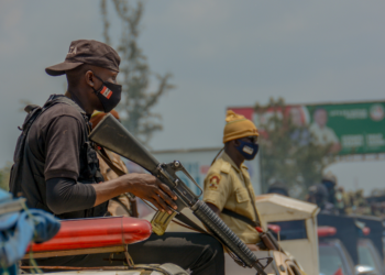 Nigerian security operatives during a military operation, ahead of the Governorship election, in Benin City, Edo, Nigeria, on September 17, 2020